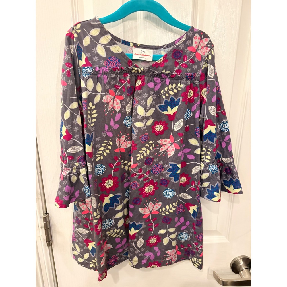 Hanna Andersson Dress Gray Floral Long Sleeve Ruffle Bell Sleeve Cotton 120